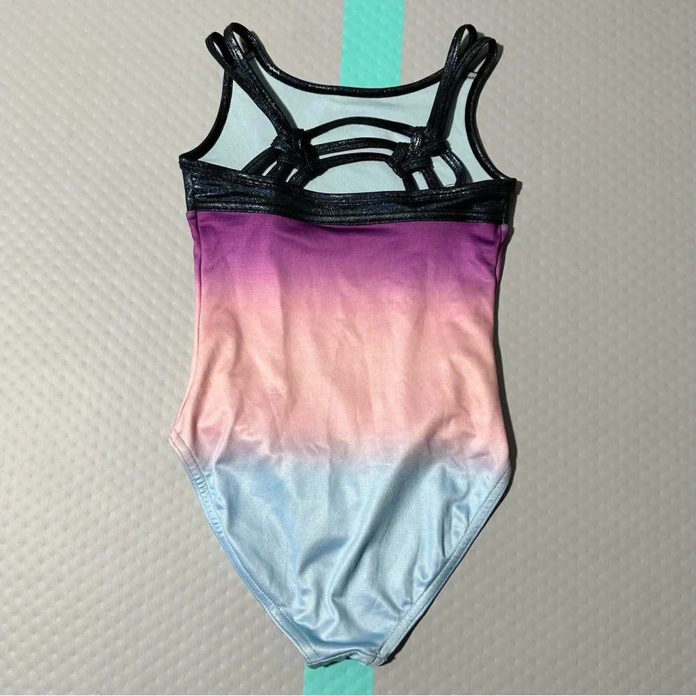 Justice Girls Ombre Gymnastics Leotard‎ Purple Blue Shimmer Strappy Back XS 5/6